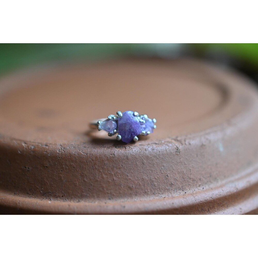 Three amethysts in 925 sterling silver size 4 ring raw stones American made